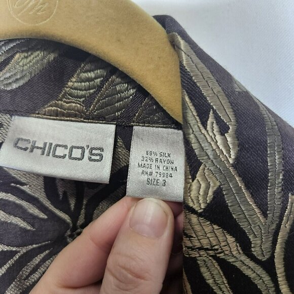 Chico's Women's Jacket Size 3 L Floral‎ Silk Rayon Brown Long Sleeve Classic - Picture 7 of 15